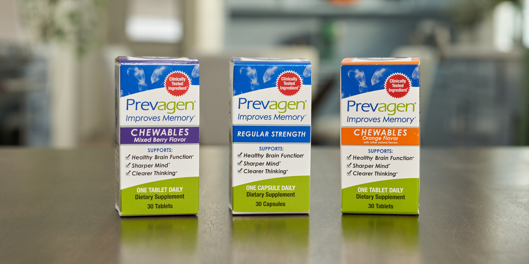 Prevagen bottles of regular strength with mixed berry flavor chewables, regular strength capsules 30 day supply and orange flavor chewables