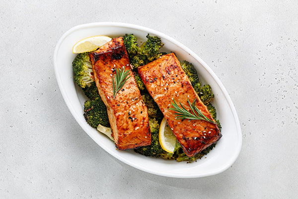 Baked salmon in white dish