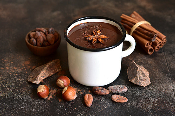 Cup of dark chocolate hot cocoa surrounded by roasted chestnuts and cinnamon sticks 