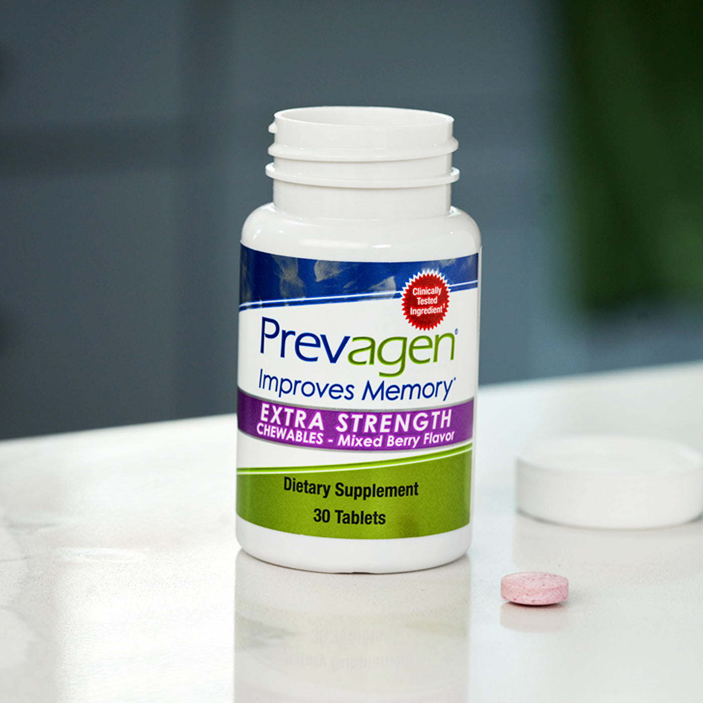 Prevagen mixed berry flavor chewables extra strength bottle on counter