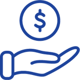 Blue icon of a hand holding a dollar sign.
