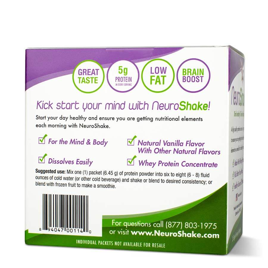 Slide 2 of 4, Back of neuroshake box: Great taste, low fat, brain boost.