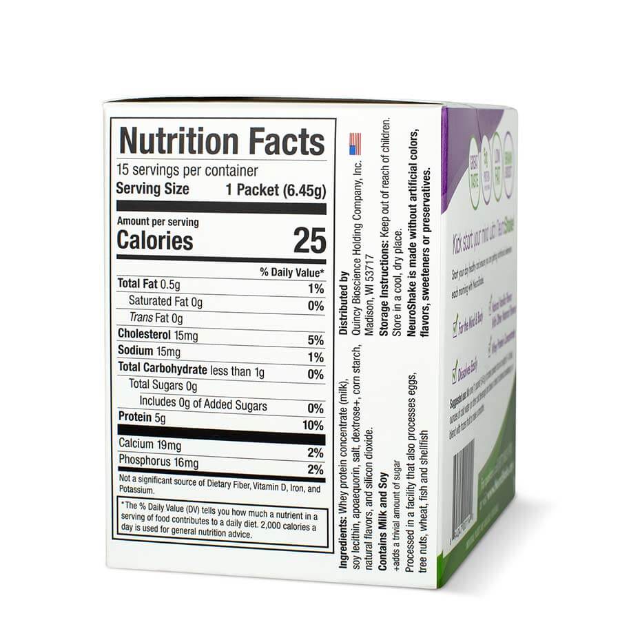 Side of neuroshake carton box of protein shake mix with nutrition facts